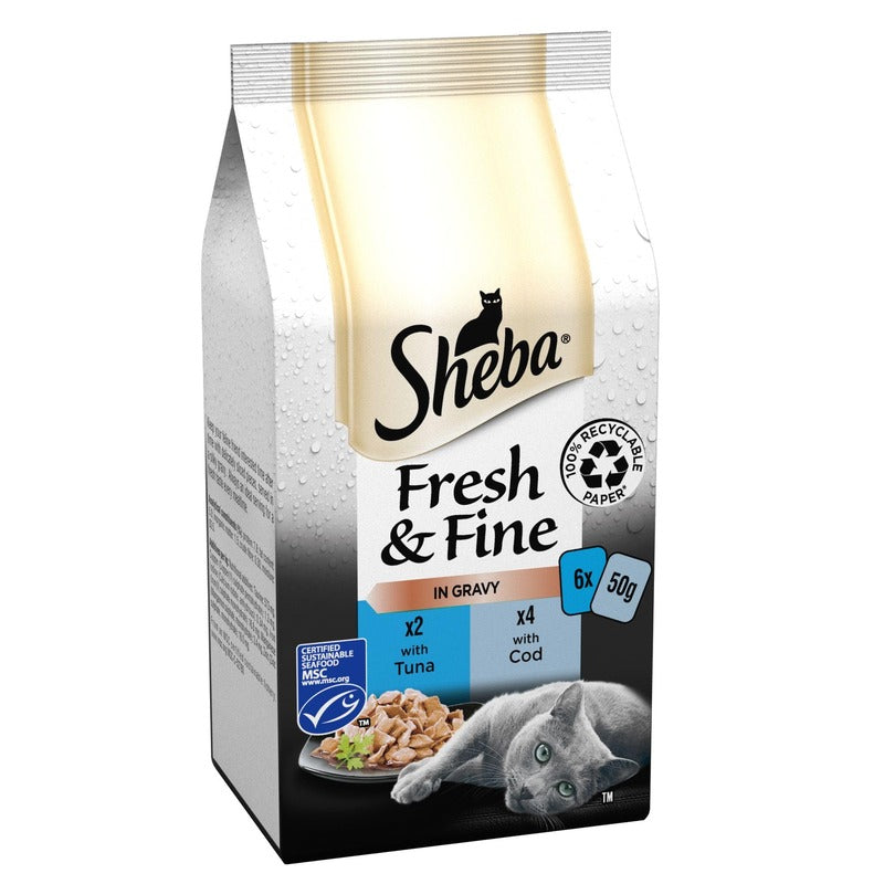Sheba Fresh & Fine Adult/Senior Pouches Tuna & Cod in Gravy 6pk