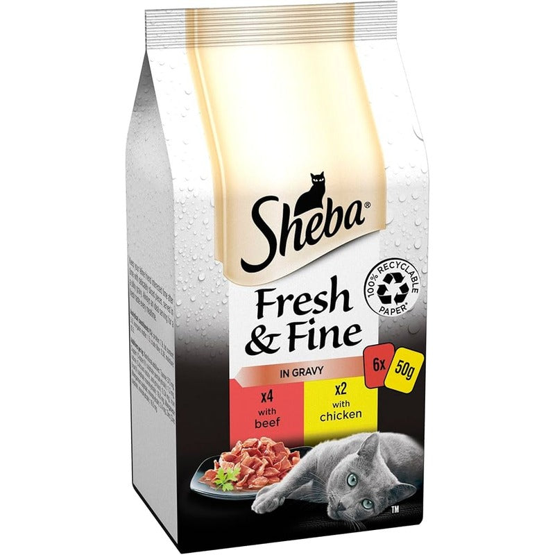 Sheba Fresh & Fine Adult/Senior Pouches Beef and Chicken in Gravy 6 pk